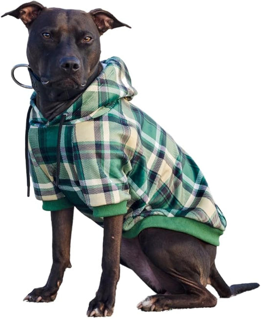 Spark Paws Dog Hoodie – Premium Dog Sweater for Small, Medium, and Large Dogs | Warm Outfits for French Bulldogs, Pitbull, Puppy, Winter Jacket Alternative - Green Plaid - 3XL