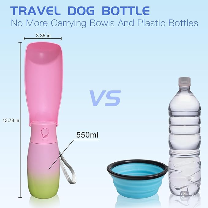 Dog Water Bottle Portable - Food Grade Material BPA Free, 19Oz Leak Proof Pet Water Bowl Dispenser, Travel Puppy Accessories for Outdoor Walking Camping, Dogs Birthday Gifts (Pink&Green)
