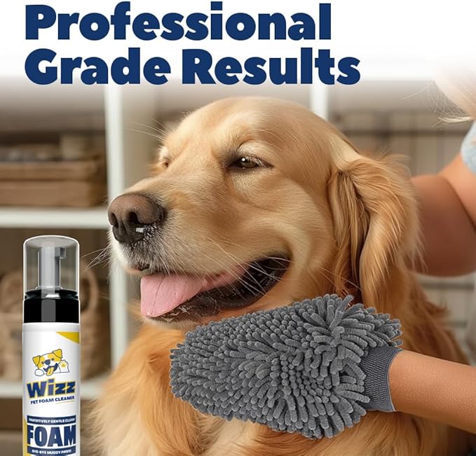 Muddy Mat® Wizz Paw Foam & Pet Grooming Mitt – No-Rinse Cleaner for Dogs Large & Small – Paw Cleanser & Chenille Bath Mitt – Portable Grooming Solution – 7 fl oz