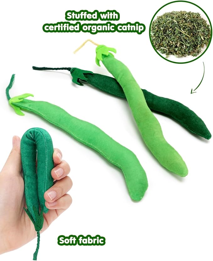 CiyvoLyeen Catnip Toy, Green Bean Cat Toys Kitten Supplies Interactive Kicker Vegetables Vegan Dental Health Teething Chew Gift for Cat Lovers Indoor 4PCS