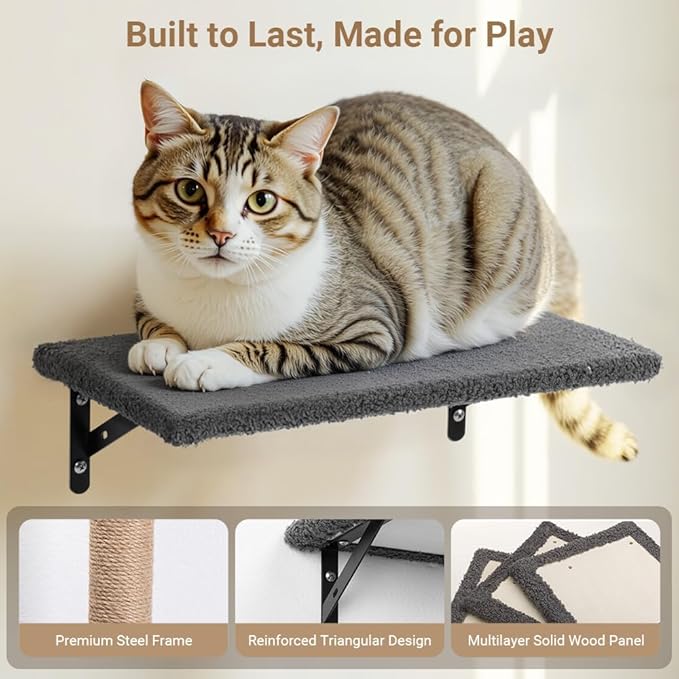 Cat Wall Shelves, 5-in-1 Cat Furniture Set, Wooden Cat Climber with Perches, Condo House, Bed, Scratching Post & Board for 16inch Drywall and Solid Wall