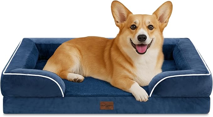 Comfort Expression Orthopedic Dog Bed for Medium Dogs 30x20 Inch, Waterproof Supportive Egg Crate Foam Medium Pet Bed with Removable Bolster, Dog Couch with Washable Cover & Non-Slip Bottom, Navy Blue