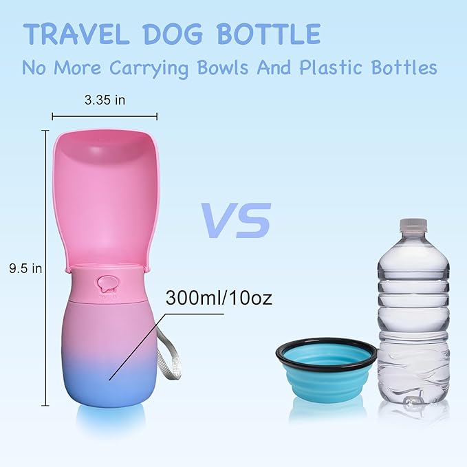 Dog Water Bottle Portable 10Oz, Food Grade Plastic Travel Water Bowl for Puppies Small Medium Large Dogs, Pet Water Dispenser, Pet Essentials for Outdoor Walking Hiking, Dog Gifts