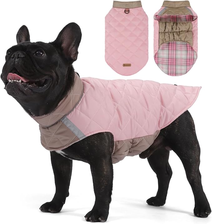 Reversible Waterproof Dog Coat - Adjustable Winter Jacket for Small to Large Breeds, Warm Cold Weather Apparel for Medium Dogs (Pink & Khaki, Medium (Pack of 1))