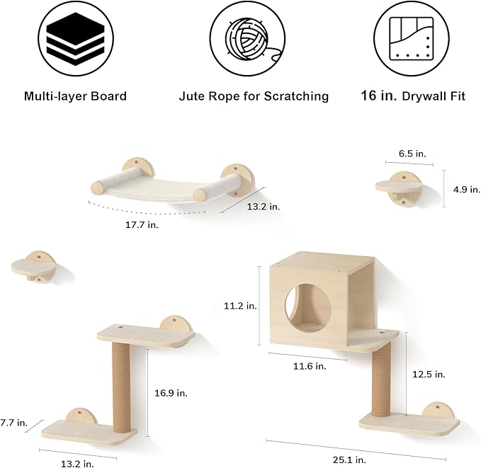 FUKUMARU Cat Wall Shelves, 5-Piece Stable Wooden Wall-Mounted Furniture Set, Kitty Climber with Hammock, House, Steps, Scratching Post (Beige)