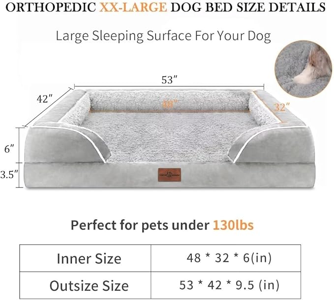 Comfort Expression Orthopedic Dog Bed for Extra Large Dogs 53x42 Inch, Waterproof Supportive Memory Foam XXL Pet Bed with Removable Bolster, Dog Couch with Washable Cover & Non-Slip Bottom, Light Grey