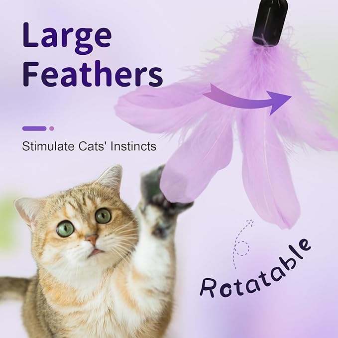 SONGWAY Cat Wand Toys for Indoor Cats - Cat Toy Set with Retractable Teaser Wand and 6 PCS Fairy Feather Toy Refills, Dragonfly Tassel Plush Cat Toys Interactive, Purple
