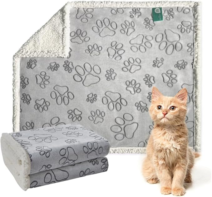 Qeils Dog & Cat Blankets - Waterproof Washable - Sherpa, Plus Plush Reversible, 25"X30", Grey Paw Print