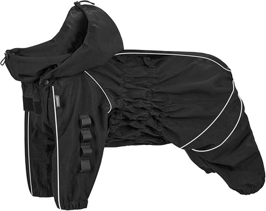 OneTigris Dog Raincoat with Hood for Medium Large Dogs, Waterproof & Reflective, 4 Legs Dog Rain Jacket Adjustable Puppy Poncho for The Rain and Snow (Black, Small)