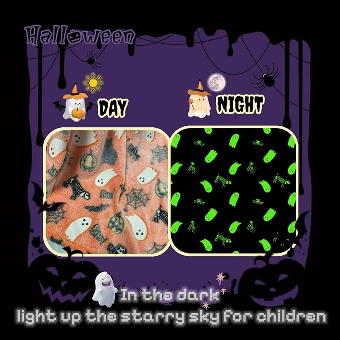 Cute Halloween Blanket for Kids/Teens/Women/Men, Glow in The Dark Throw Blankets Soft Plush Fleece, Spooky Blanket for Boy/Girls/Toddler, Day Care Home Travel Use, 60"*50", Orange