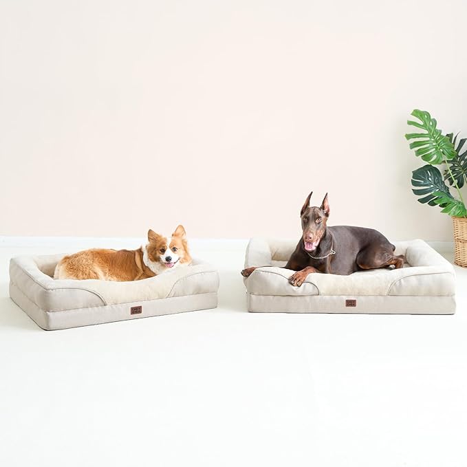 EHEYCIGA Memory Foam Dog Bed for Medium Size, Orthopedic Dog Sofa with Sides and Waterproof Liner, Washable Bolster Pet Couch with Removable Cover, 35x22x6.5 Inch, Beige