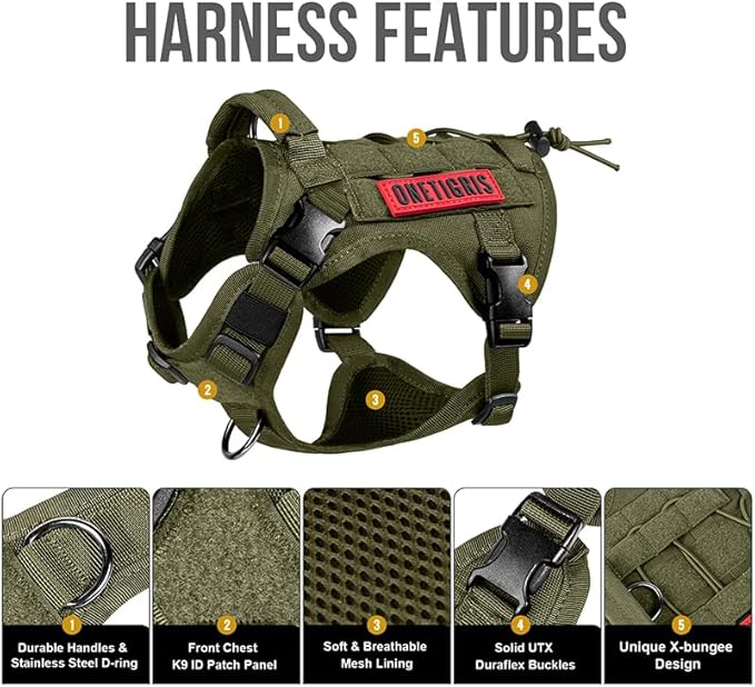 OneTigris Tactical Dog Harness Vest,No-Pull Service Dog Vest with Hook & Loop Panels,Adjustable Dog Vest Harness for Walking Hiking Training(Ranger Green,XS)