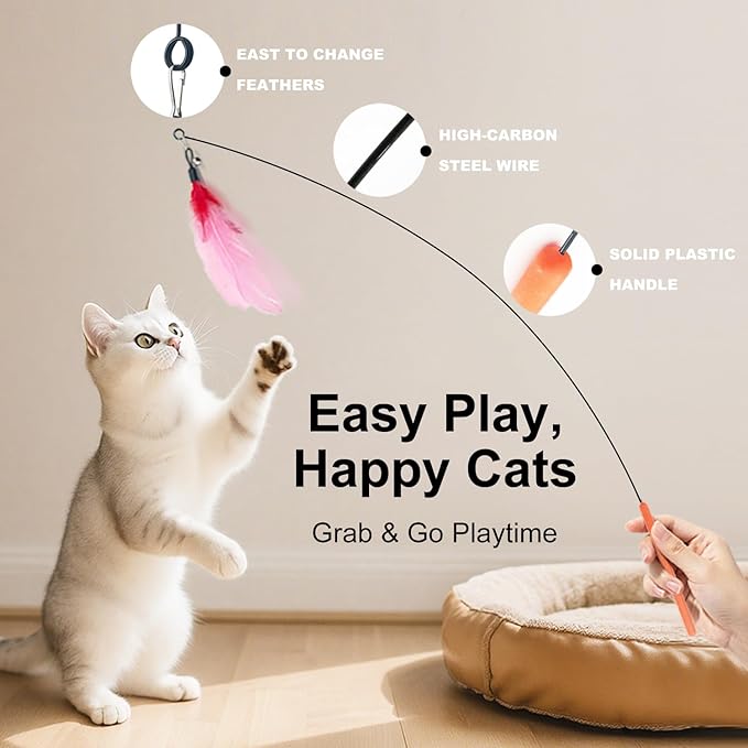 Cat Feather Wands with Replacement Feathers, Interactive Wand Toys, Feathers & Bell, Teaser Wand for Kittens and Adult Cats, Indoor Play to Exercise