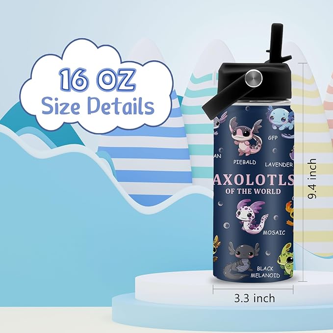 Axolotl Gifts, 16 oz Water Bottle with Straw Lid, Stainless Steel Insulated Tumbler, Cute Animals Water Bottles, Axolotl Cup Gifts for Birthday Christmas