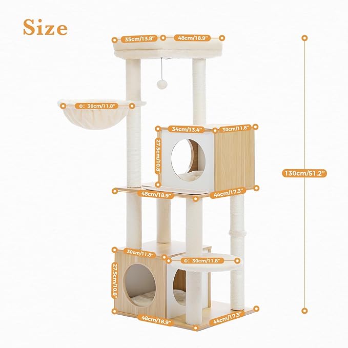 PAWZ Road Large Cat Tree, 51 Inches Wooden Cat Tower with Double Condos, Spacious Perch,Soft Hammock and Totally Wrapped Sisal Posts for Large Indoor Cats-Beige