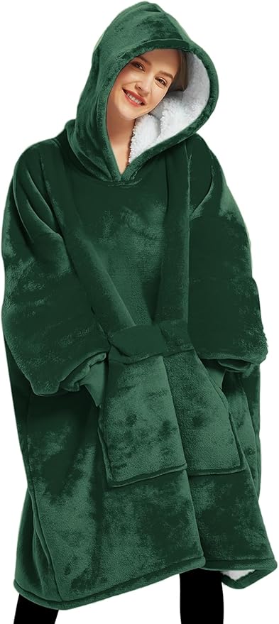 KFUBUO Wearable Blanket Hoodie for Adults Sherpa All Patterns Oversized Sweatshirt Blanket with Pockets Gifts for Mom Emerald Green