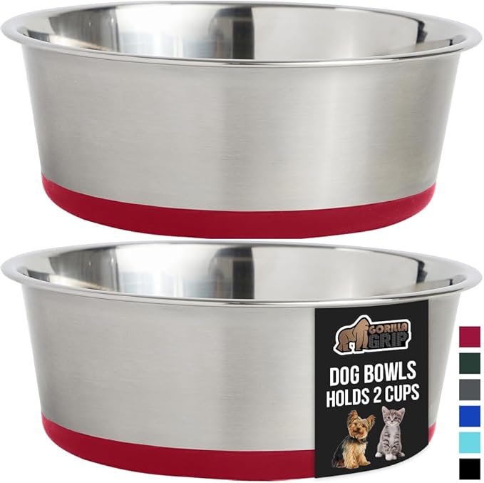 GORILLA GRIP Set of 2 Dog Bowls, Heavy Duty Metal Food and Water Bowl for Feeding Dogs and Cats, Dishwasher Safe, Rust Resistant Stainless Steel, BPA Free Rubber Base, Holds 2 Cups (16 fl oz), Red