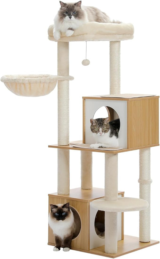 PAWZ Road Large Cat Tree, 51 Inches Wooden Cat Tower with Double Condos, Spacious Perch,Soft Hammock and Totally Wrapped Sisal Posts for Large Indoor Cats-Beige