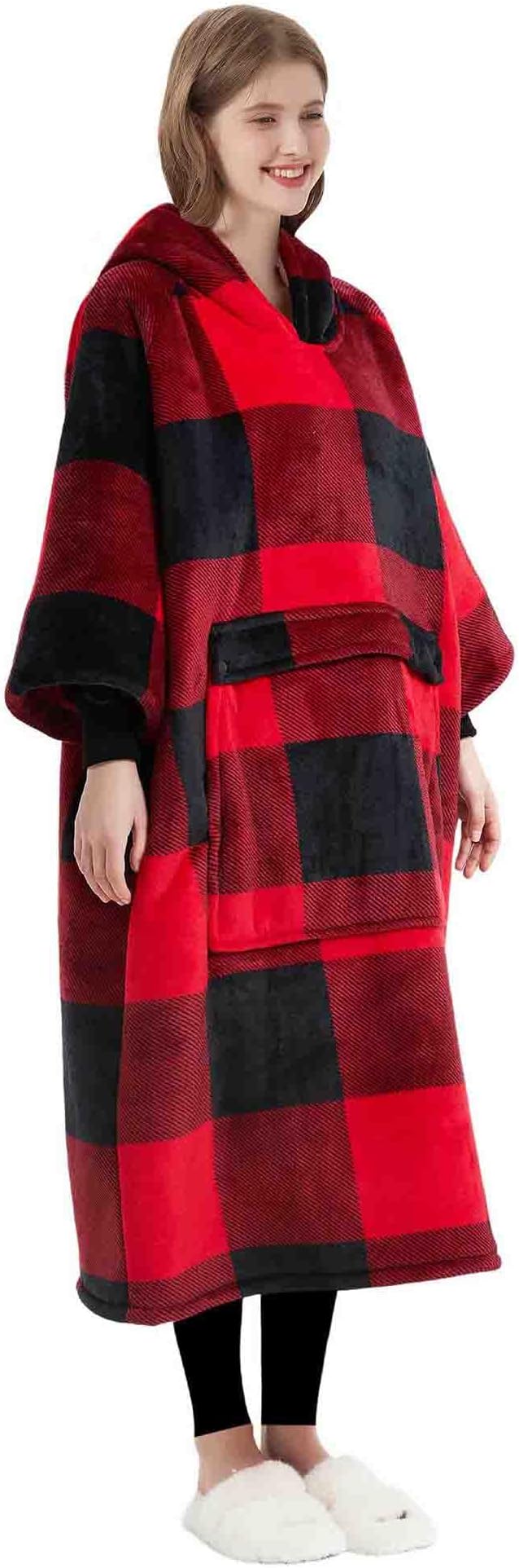 KFUBUO Wearable Blanket Hoodie for Adult Long Sherpa All Patterns Red Plaid Oversized Hoodie Sweatshirt Blanket Christmas Gift Ideas