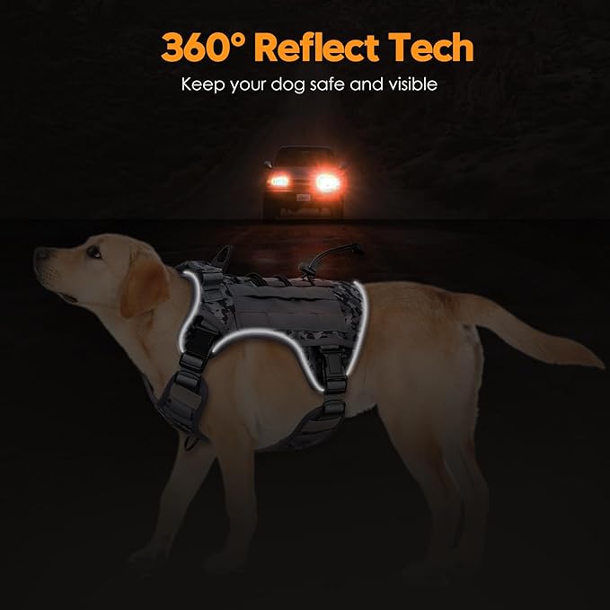 Heavy-Duty Tactical Dog Harness for Large Dogs, No Pull Adjustable Reflective Pet Vest with Molle System, K9 Military-Grade Control for Service Training, Outdoor & 10+ Breeds, Gray Camo, X-Large