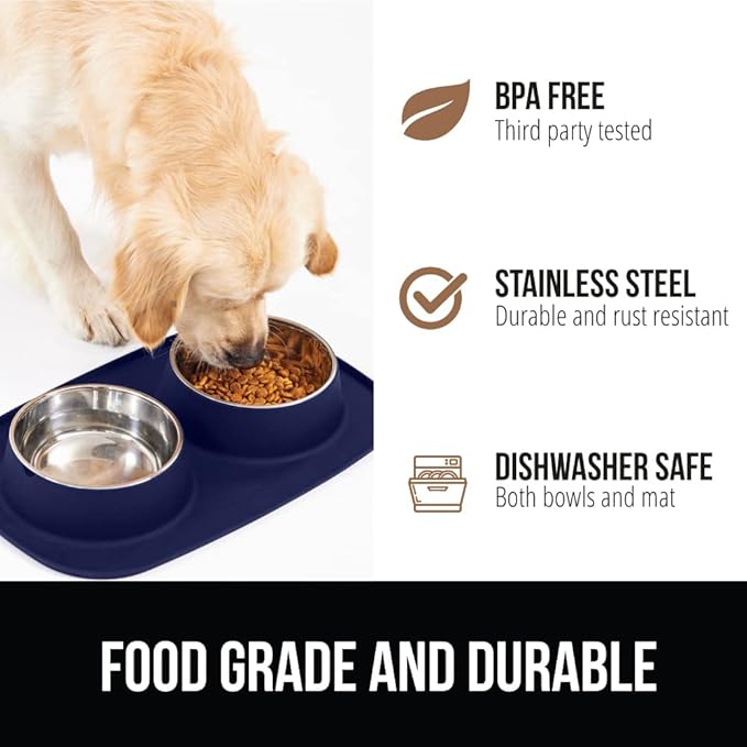 GORILLA GRIP Feeding Mat Set, 4 Cup, Patent Pending 100% Waterproof BPA Free Silicone, Stainless Steel Cat and Dog Bowls, Slip Resistant, Edges Catch Water Food, US Designed Pet Accessories, Navy Blue