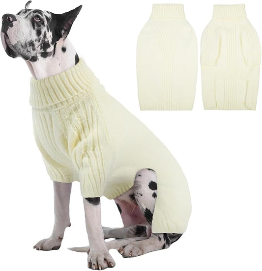 IECOii Great Dane Sweater,5XL Extra Large Sweater for Giant Breed Dogs in Winter,Turtleneck Cold Weather Knit Clothes,Machine Washable,Elastic Pullover for Saint Bernard,Mastiff (White,XXXXXL)