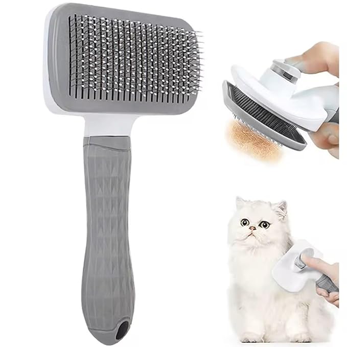 Generic Pet Grooming Brush, Gray - Self Cleaning Dematting Comb for Cats and Dogs, Bristles with Massage Particles, Ergonomic Handle Design, Easy to Use, for Long or Short Hair Breeds, Stainless Steel