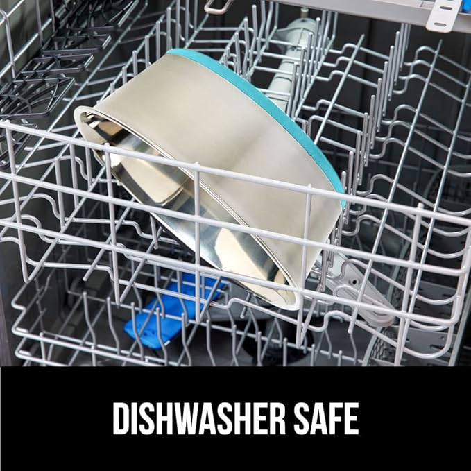 GORILLA GRIP Stainless Steel Metal Dog Bowl, Rubber Base, Heavy Duty Feeding Dish, Food Grade BPA Free, Less Sliding on Floors, Quiet Pet Bowl for Cats and Dogs, Holds 8 Cups (64 fl oz), Turquoise