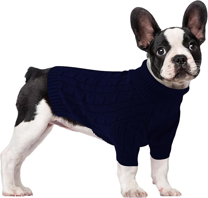 Small Dog Thermal Pullover Sweater, Classic Turtleneck Cable Knitwear Dog Clothes for Cold Weather Warm Pet Clothes for Chihuahua, Bulldog, Dachshund, Pug Navy Large