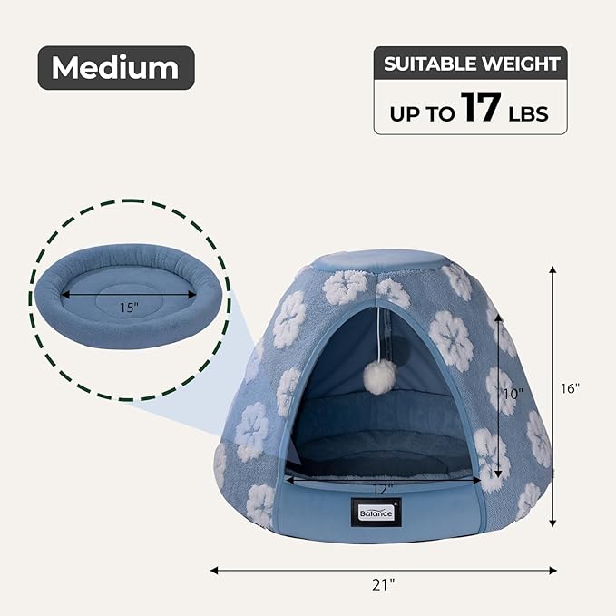 BALANCE Cat Beds for Indoor Cats, 2-in-1 Cat Bed Cave with Anti-Slip Bottom and Ultra-Soft Plush, Cozy Cats House Tent for Kittens and Small Dogs, 21 Inches, Blue