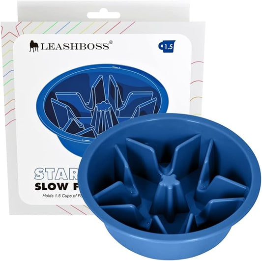 Leashboss Dog Bowl Slow Feeder for Raised Pet Feeders - Maze Food Bowl Compatible with Elevated Diners for Neater Pet Eating (1.5 Cup - 6-6.25 Inch Feeder Holes, Blue)