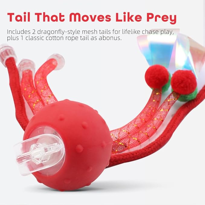 Interactive Cat Toys Ball for Indoor Cats with Elastic Mesh Net Tails – 3 Working Modes for Agile Movement, Motion Activated, USB-C Rechargeable, Ideal for Indoor Cats (Red)