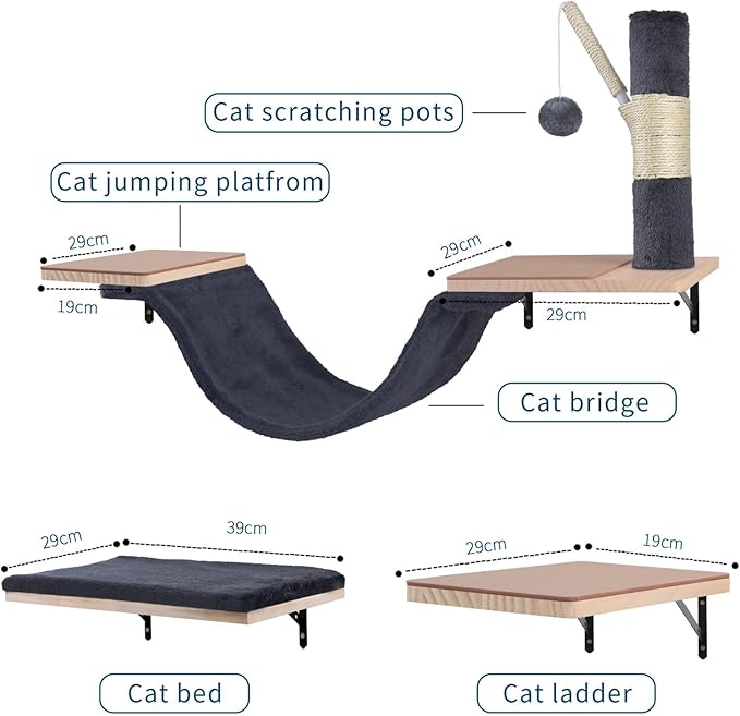Cat Wall Shelves, Solid Wood Cat Wall Furniture Set, with Cats Bed, Hammock, Felt Ladder, Sisal Scratching Post & Ball (Dark Color)