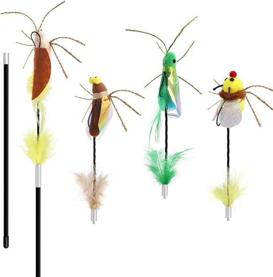SONGWAY Cat Bug Toy Wand - Cat Teaser Wand Toy with 4 Pcs Cute Insect Feather cat Toy Replacements, Interactive Cat Toys Bug for Indoor Cats Kittens