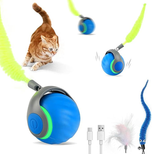 Interactive Cat Toys for Indoor Cats-Rechargeable Moving Cat Toy Ball with USB Charging, 3 Speedy Replaceable Tails & Random Motion Modes, Cat Chase Toy for Bored Indoor Cats,Auto Roll