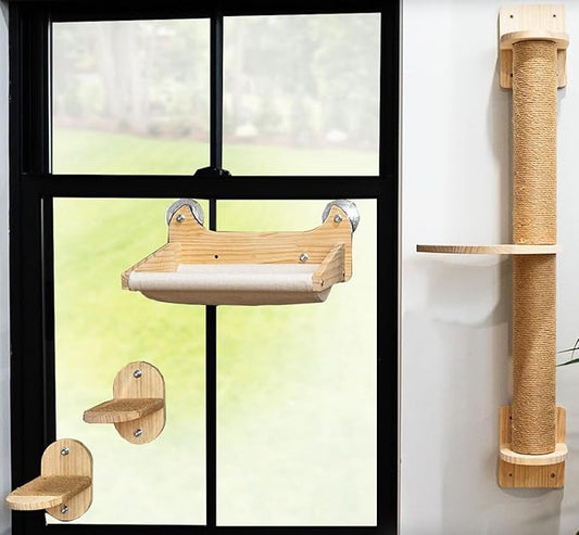 Window/Wall Mount Cat Wall Shelves by Pet Savvy – Cat Hammock (Oatmeal), Scratching Post with Landing, Two Steps – Natural Pine, Jute Rope, Sized for Cats up to 25lbs – 4 pc Set