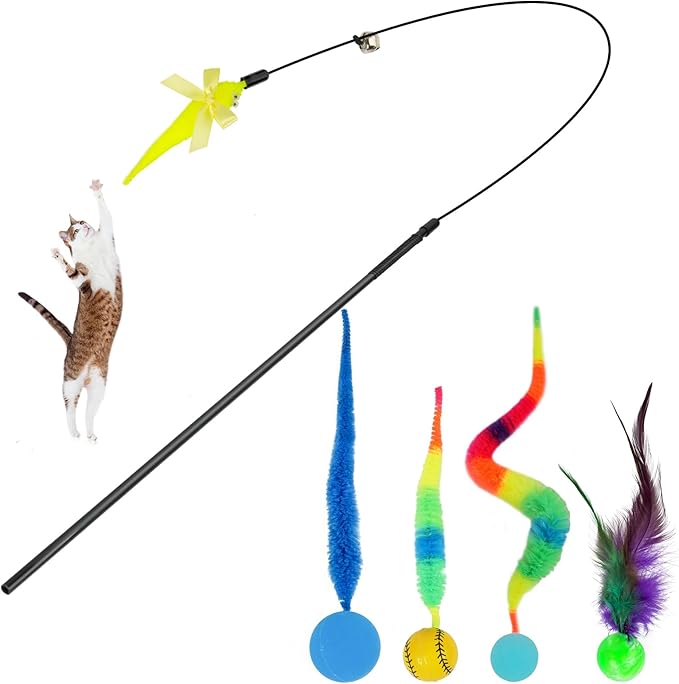 SHENGSEN Feather Wand Cat Toy,Bouncy Ball with Tail Cat Toys,Magic Worm with Large Colorful Ball Toy for Cats,Cat Feather Toys for Indoor Cats,Colorful Fuzzy Worm Bouncy Balls Cat Toy (ADM102-A-4B)