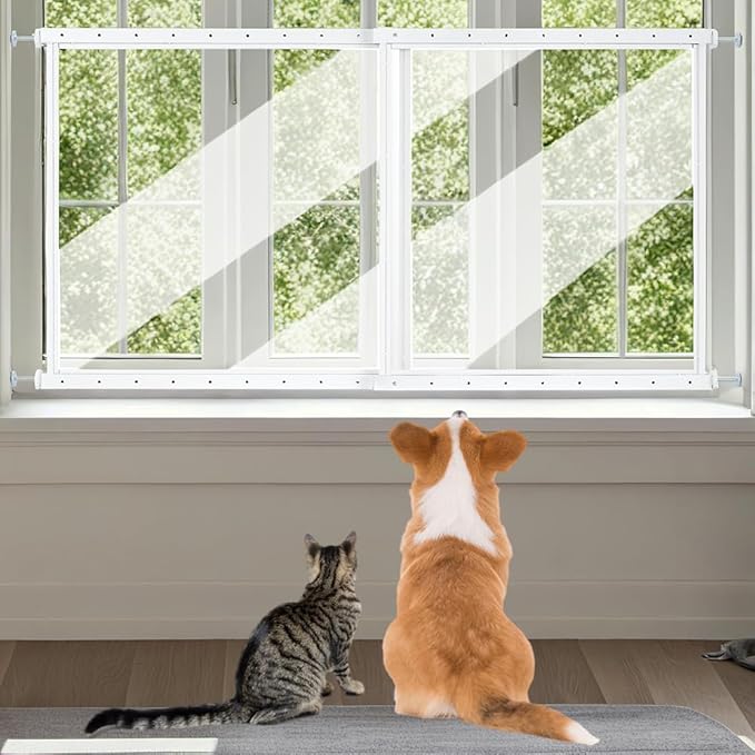 beeNbkks Pet Window Safety Guards, Clear Acrylic Safer Than Bars, Window Guards for Dogs Cats, Pressure Mounted Safety Pet Barrier with Metal Frame, Adjustable 32" to 62" Wide, 29" Tall, Indoor Use