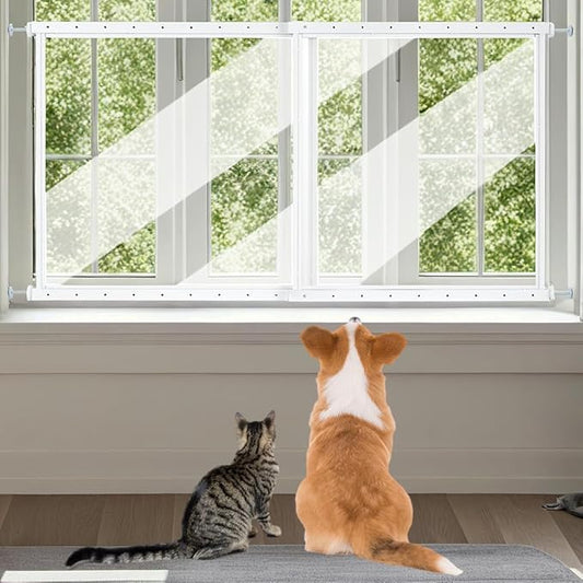 beeNbkks Pet Window Safety Guards, Clear Acrylic Safer Than Bars, Window Guards for Dogs Cats, Pressure Mounted Safety Pet Barrier with Metal Frame, Adjustable 32" to 62" Wide, 29" Tall, Indoor Use