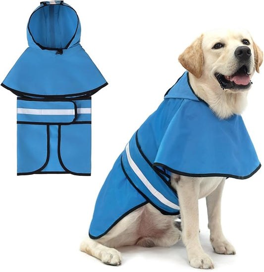 KOOLTAIL Dog Raincoat Hooded Slicker Poncho with Leash Hole, Raincoat for Large Dogs, Waterproof Doggie Rain Jacket with Reflective Strip, Adjustable Breathable Plaid Extra Large Rainwear-Blue Solid