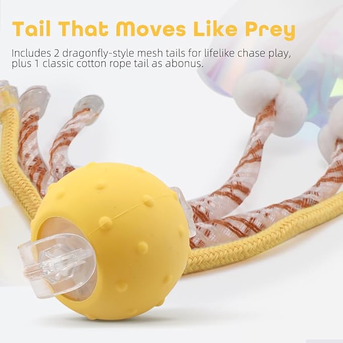 Interactive Cat Toys Ball for Indoor Cats with Elastic Mesh Net Tails – 3 Working Modes for Agile Movement, Motion Activated, USB-C Rechargeable, Ideal for Indoor Cats (Yellow)