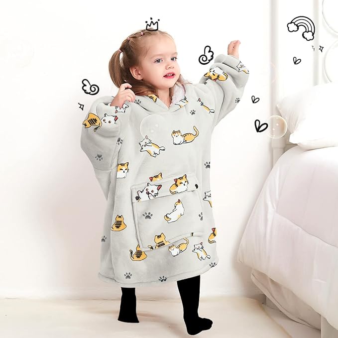 KFUBUO Wearable Blanket Hoodie for Kids Toddlers Sherpa Blanket Sweatshirt With Pocket Cute Hoodies 2-6 Year Old Girl Birthday Gifts Cat
