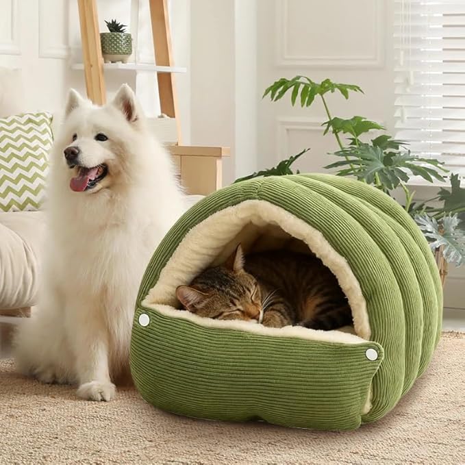 Cutypet Winter Cave, Cozy Monster Cat Bed, Warmth Cozy Comfort Plush Pet Cave with Removable Washable Cushion & Non-Slip Bottom - for Indoor Sleep (Green, M(13.8 * 11.8 * 19.3in))