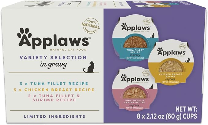 Applaws Natural Wet Cat Food in Gravy, Limited and Natural Ingredients, High Protein with No Artificial Additives, Variety Pack in Gravy (8X 2.12 oz Easy-Open Cups)