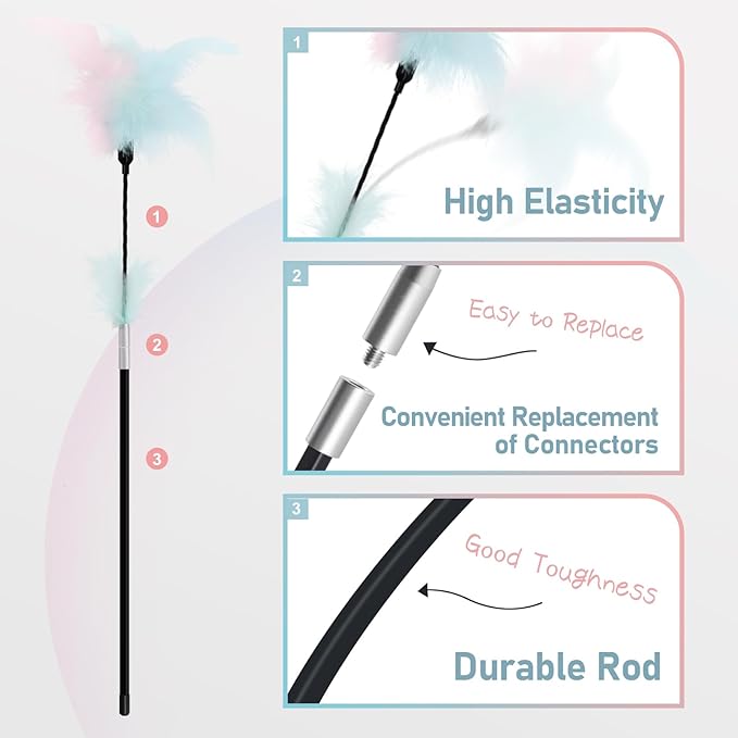 SONGWAY Cat Feather Wand Toy - Cat Teaser Toy Wand with 4 Flexible Feather Teaser Refills, Interactive Cute Tassel Cat Toys for Indoor Cats Kittens