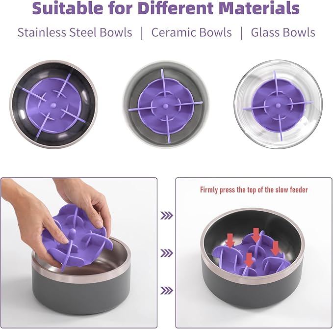 Jaoul Slow Feeder Dog Bowls Insert for Large Breed, 7 Inch Cuttable Slow Feeder Insert with 32 Octopus Suction Cups for Medium Large Size Dog Food Bowl (X-Large, Purple)