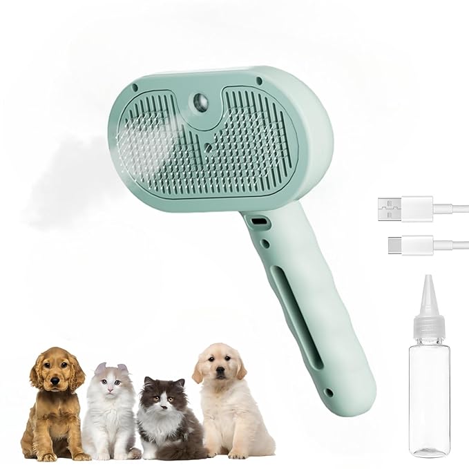 Pet Steam Brush for Cats and Dogs, 3 In 1 Steamy Cat Brush with Release Button and Tank, Anti-Static Pet Spray Hair Removal Comb, Rechargeable Dog Steam Comb for Furry (Blue)