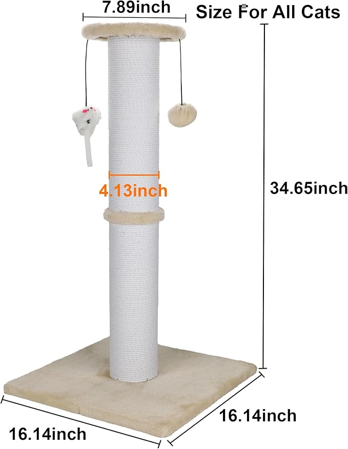 Cat Scratching Post 34 Inches Heavy Duty and Thicker Cat Scratching Post Sisal Rope with Hanging Ball and Mice Scratching Post for Indoor Cats and Adult(Beige)
