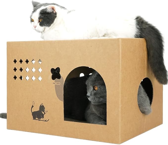 Cardboard Cat House with Catnip 17"L x 12"W x 12"H Large Cat Scratchers Lounge Bed for Indoor Cats with 2 PCS Scratching Pads Condo Corrugated Cat Scratcher& Cat Scratcher Box for Bunny/Cats Animals.