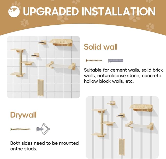 MeowHomm Cat Wall Shelves, Set of 6 Wooden Cat Wall Furniture Includes Scratching Post with 3 Steps, Jumping Platform, Hammock and Scratcher Board for Kittens